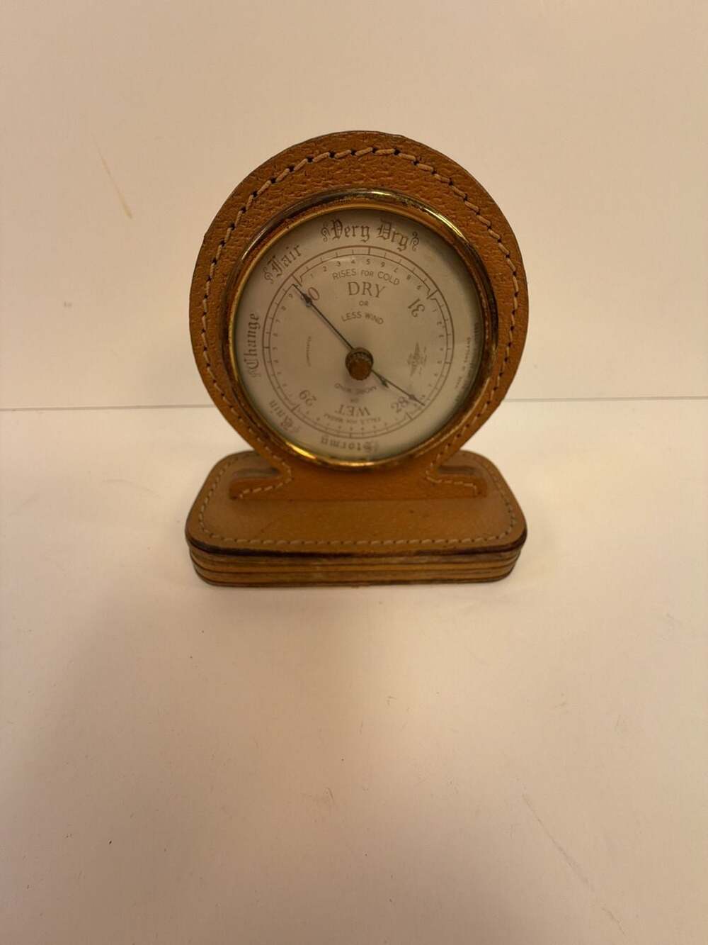 Vintage Shortland English Brass Aneroid Barometer in Leather Wrapped Case